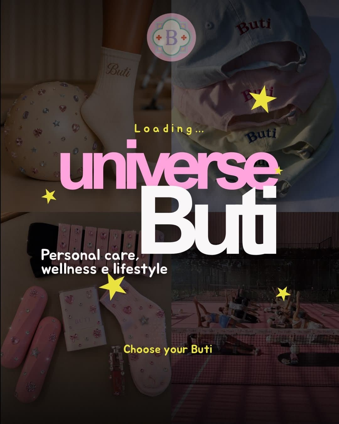 Universo Buti: meias, bonés e acessórios em tons de rosa com cristais.